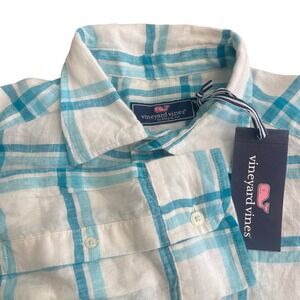 Vineyard Vines Mens Tisbury Plaid Linen Button Down Shirt Turquoise White Small‎